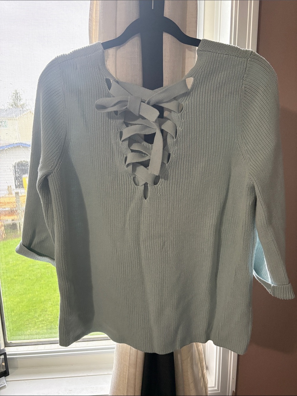 Reitmans Light Sage Green V-Neck Sweater with Back Strap Detail - Picture 2 of 3